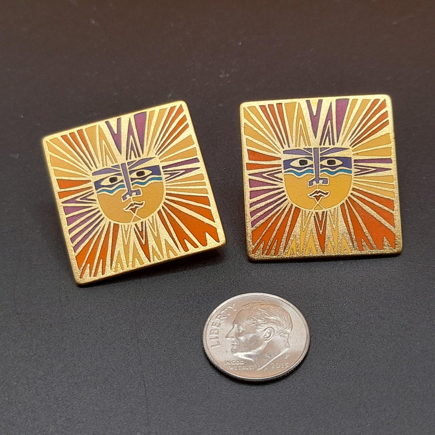 Laurel Burch "Sun Goddess" Clip Earrings, Satin Gold Plated Finish, Cloisonne Enamel, 1980s Vintage Jewelry