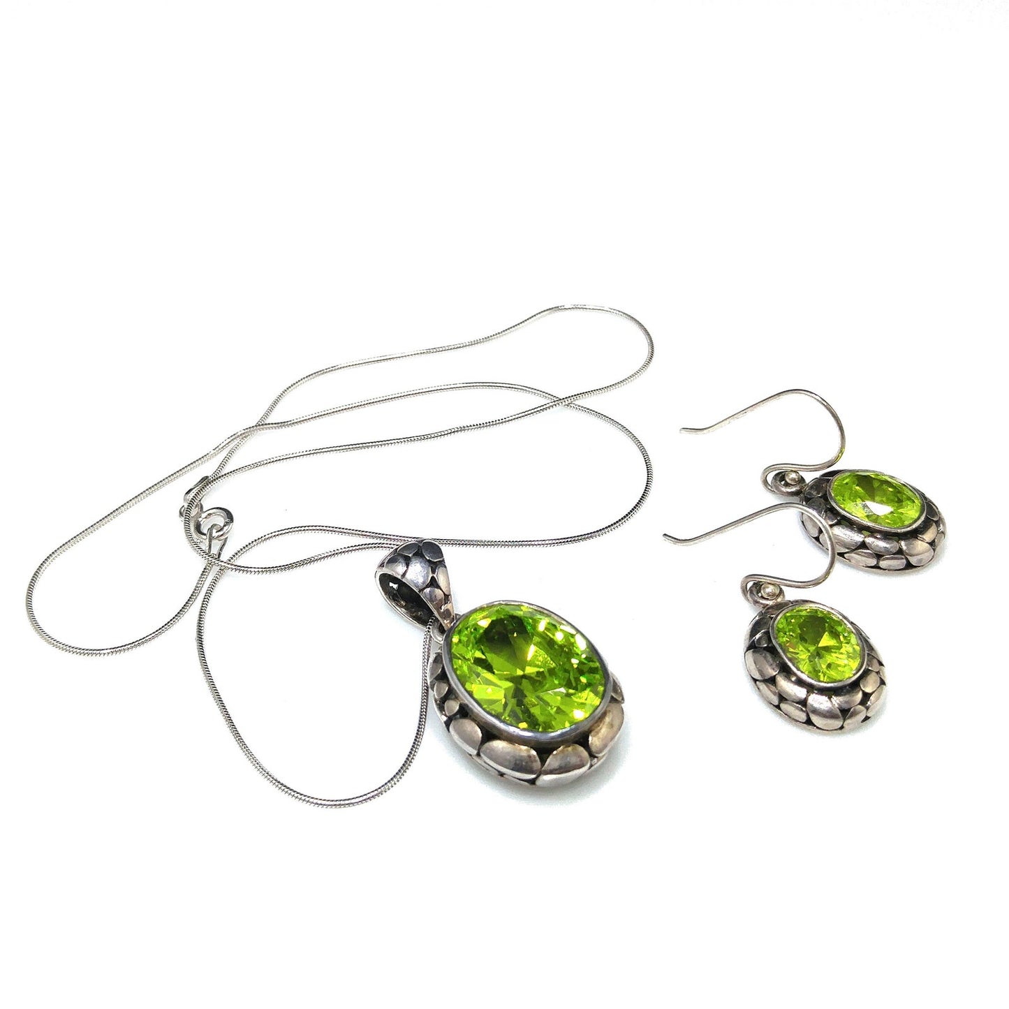 Peridot CZ Silver Necklace & Earrings Set, Italy Snake Chain, 1990s Vintage Jewelry