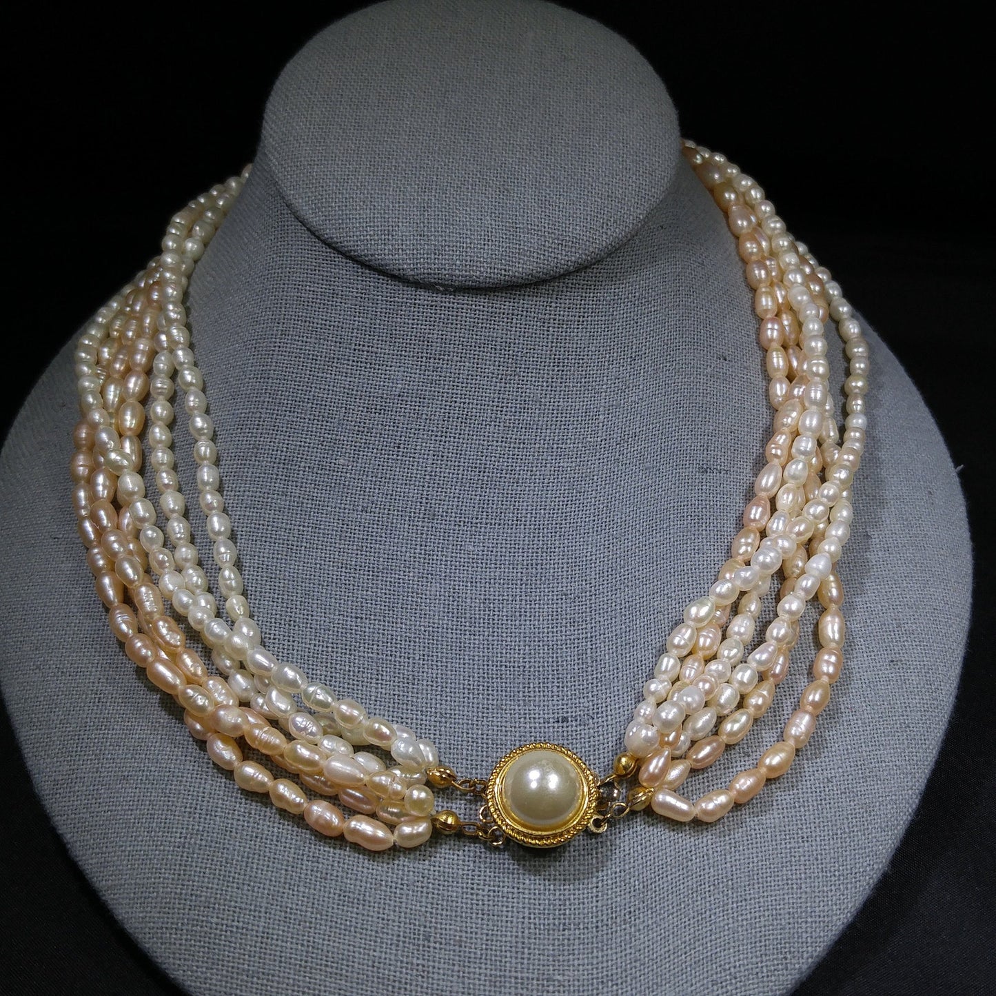 Fresh Water Pearl Necklace, 6 Strands, Silver Gold Plated Clasp, 1980s Vintage Jewelry