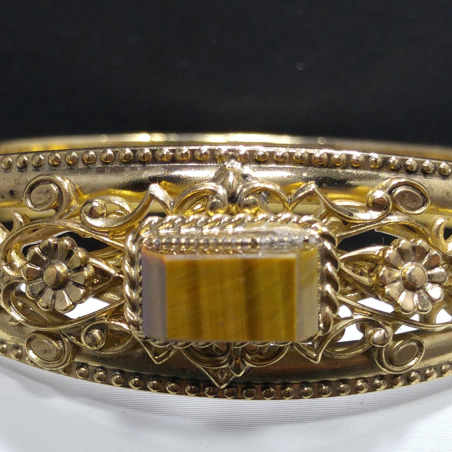 Gemstone Filigree Hinged Bracelet, Safety Chain, 1940s Vintage Jewelry