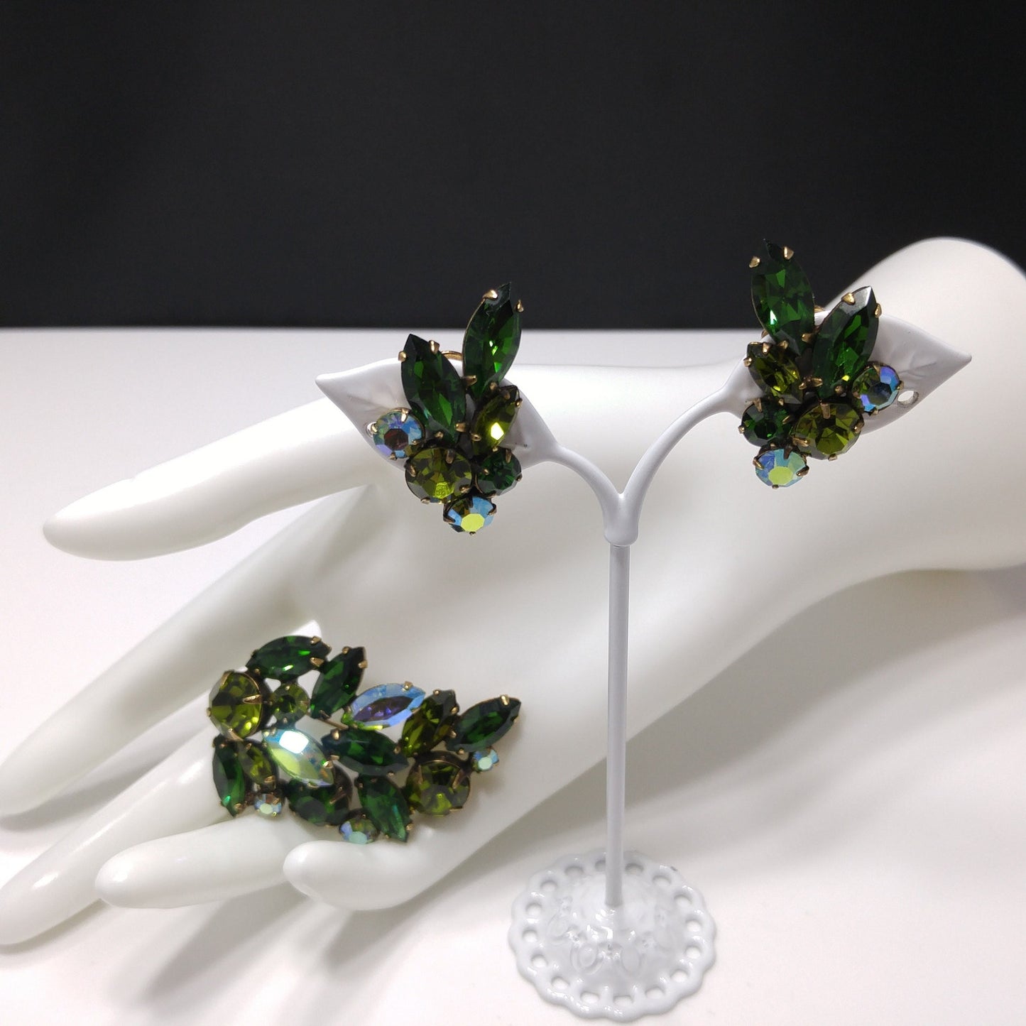 Green Crystal Rhinestone Brooch & Earrings, Aurora Borealis, 1960s Vintage Jewelry