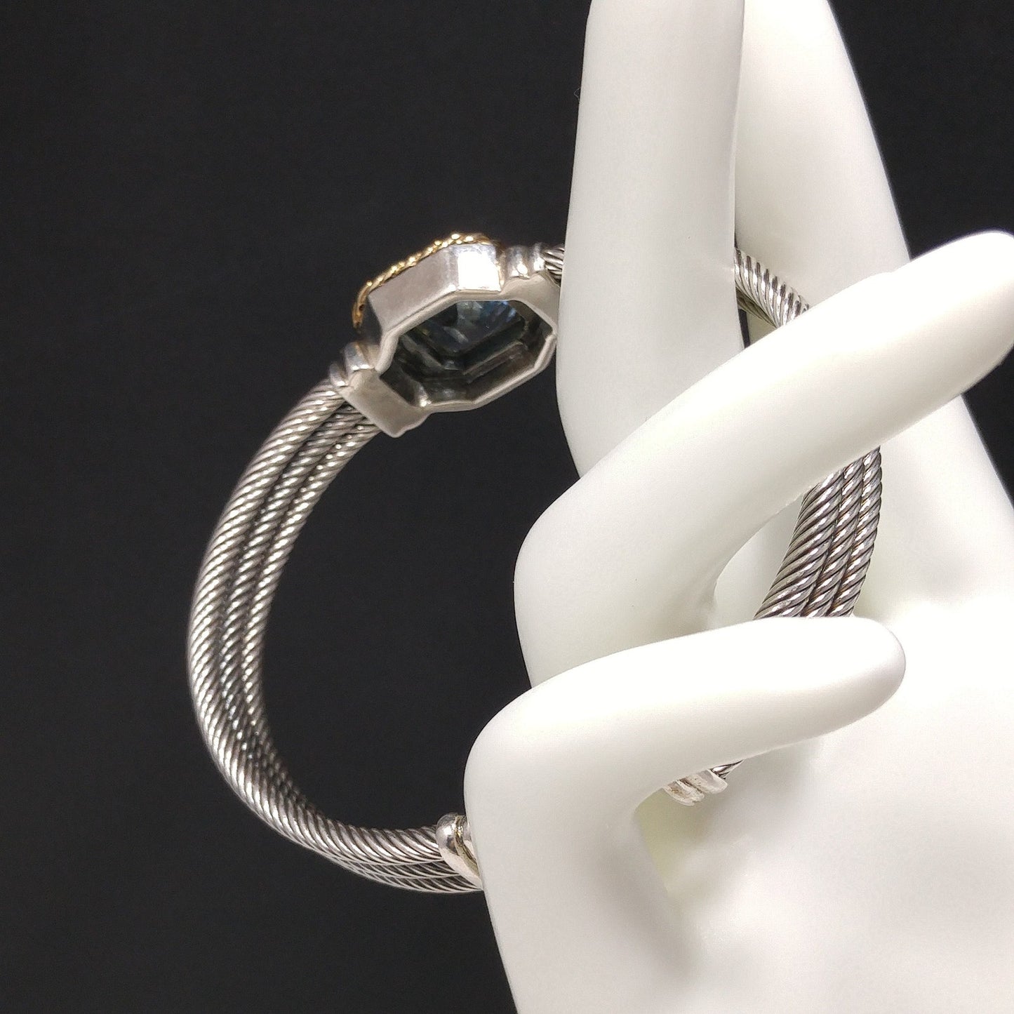 Blue Topaz Sterling Gold Trim Cuff Bracelet, Thailand 925 14K, 1990s Vintage Jewelry