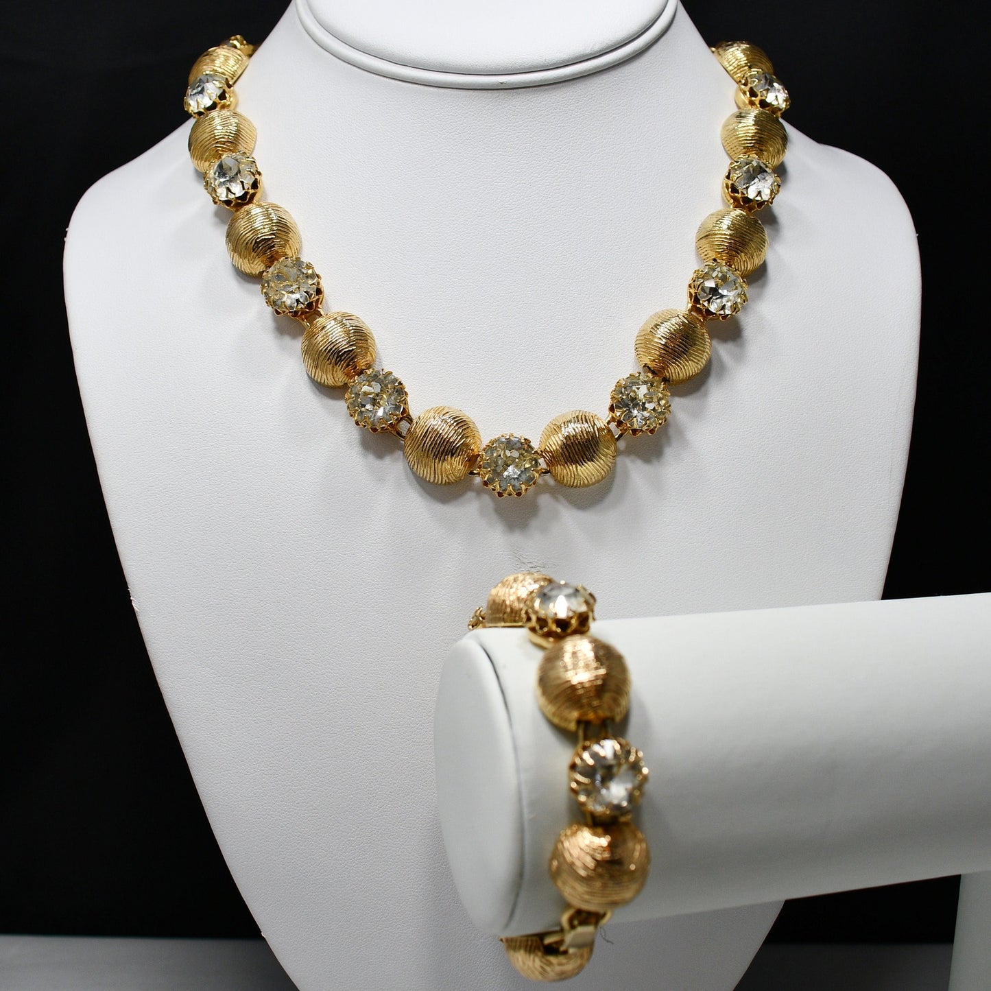 Kramer Necklace & Bracelet Set, Gold Plated, Headlight Diamante Rhinestones, 1960s Vintage Jewelry