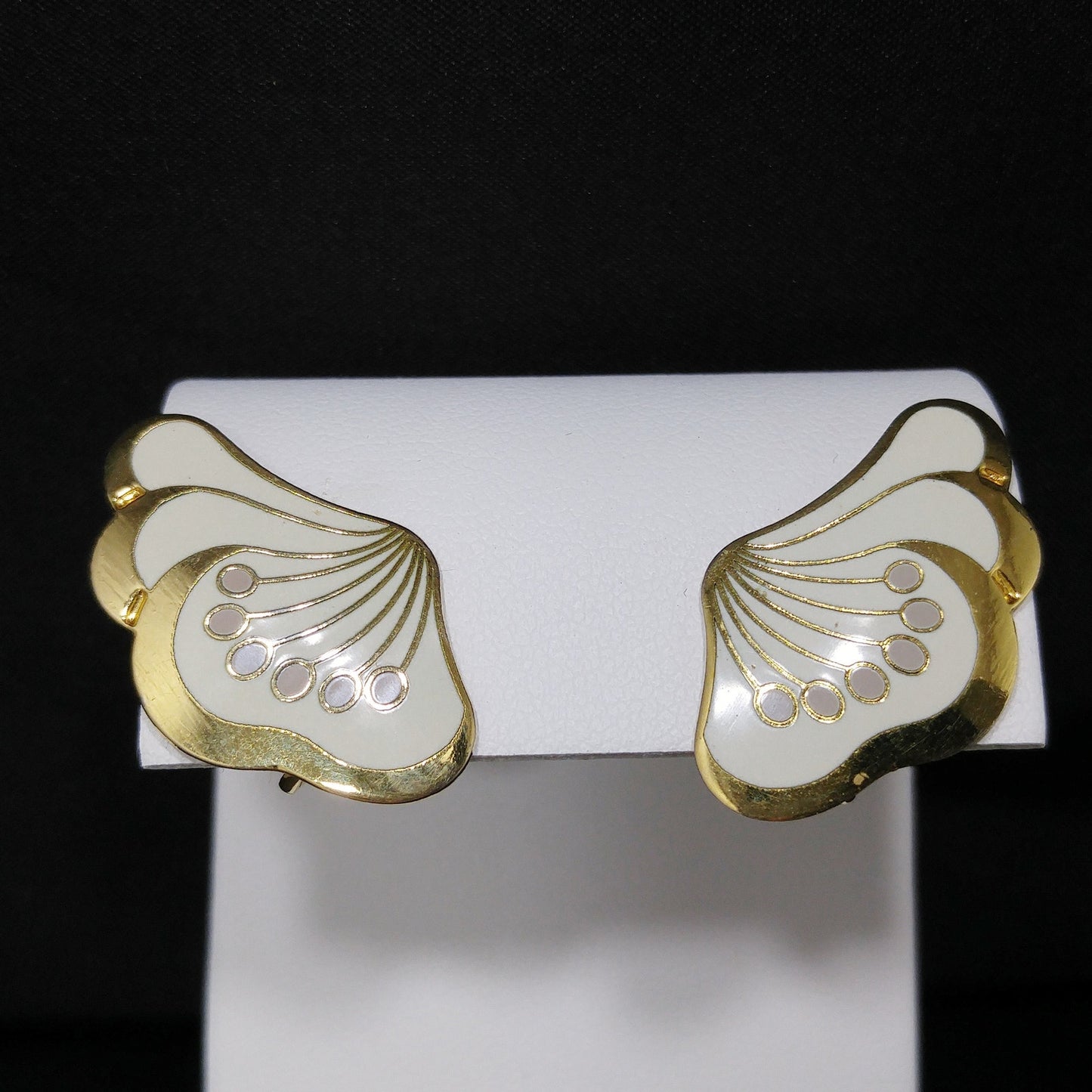 Laurel Burch "Le Fleur" Gold & White Clip Earrings, Gold Plated, 1980s Vintage