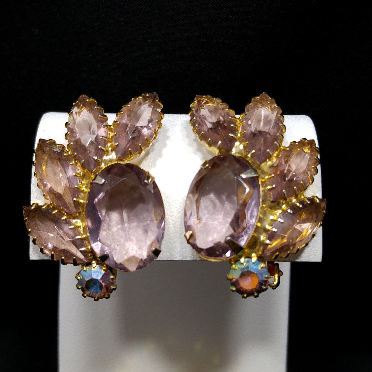 Lavender Rhinestone Brooch & Earrings, Aurora Borealis, 1960s Vintage Jewelry