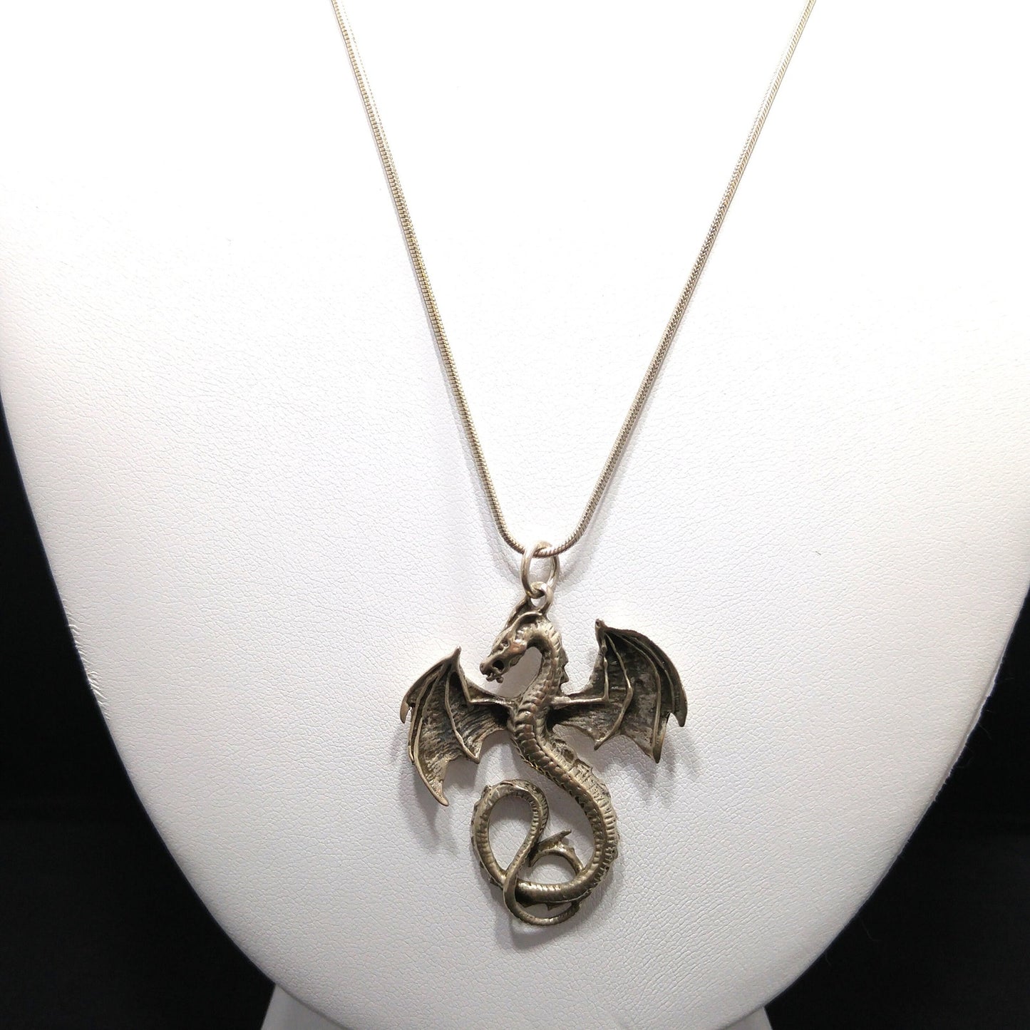 Silver Dragon Pendant Necklace, 925 Italy Snake Chain, 1970s Vintage Jewelry