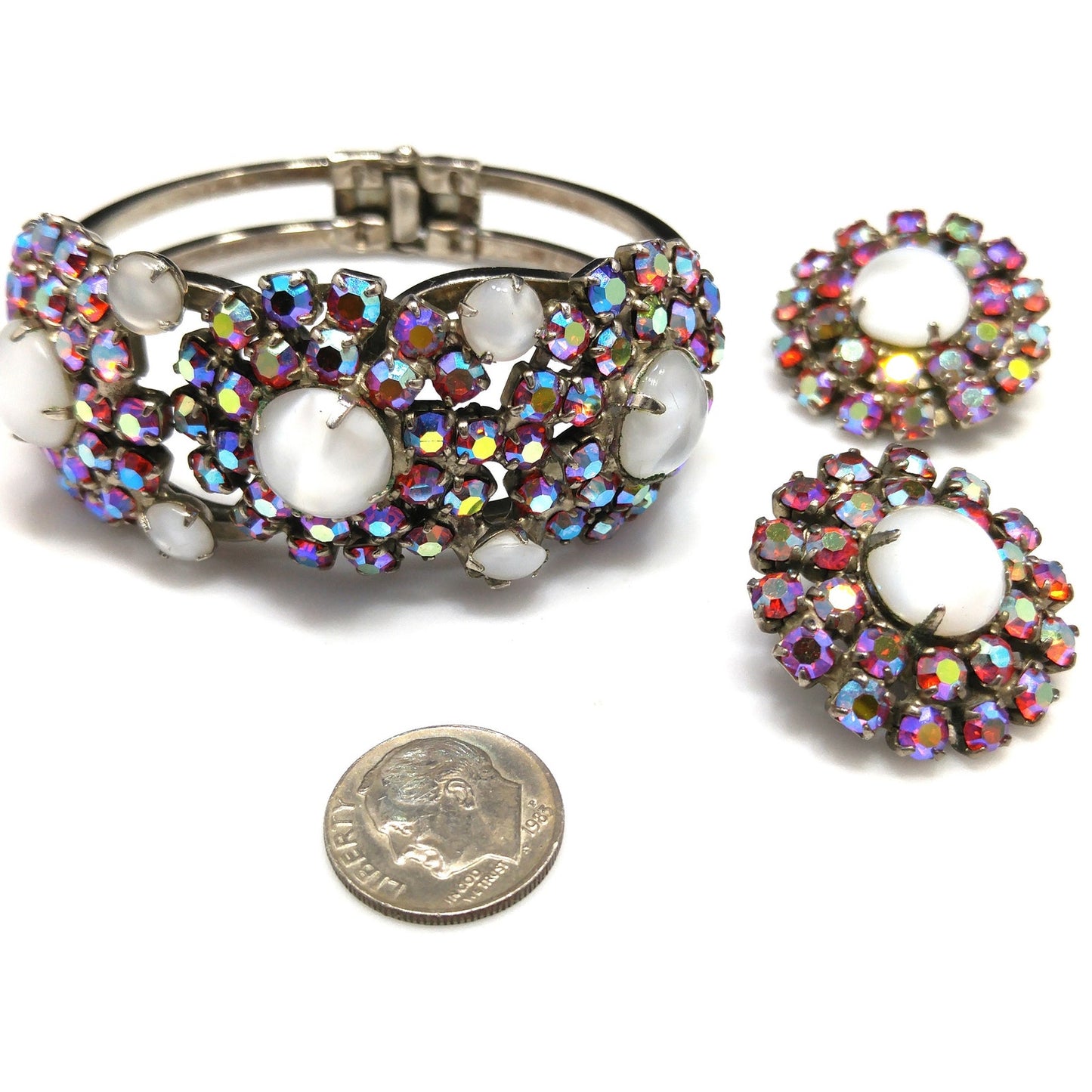 Vintage Juliana Clamper Bracelet & Earrings, DeLizza Elster, Red AB Rhinestones