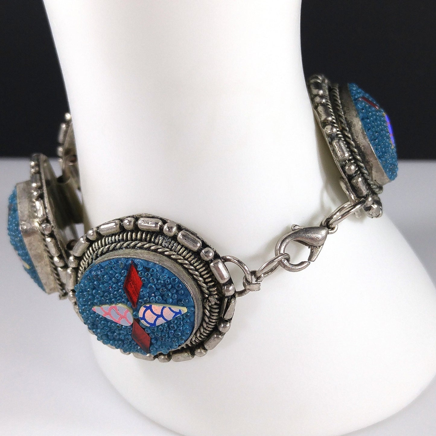 Art Crafted Five Linked Bracelet, Silver Tone, Iridescent Design, 1960s Vintage Jewelry