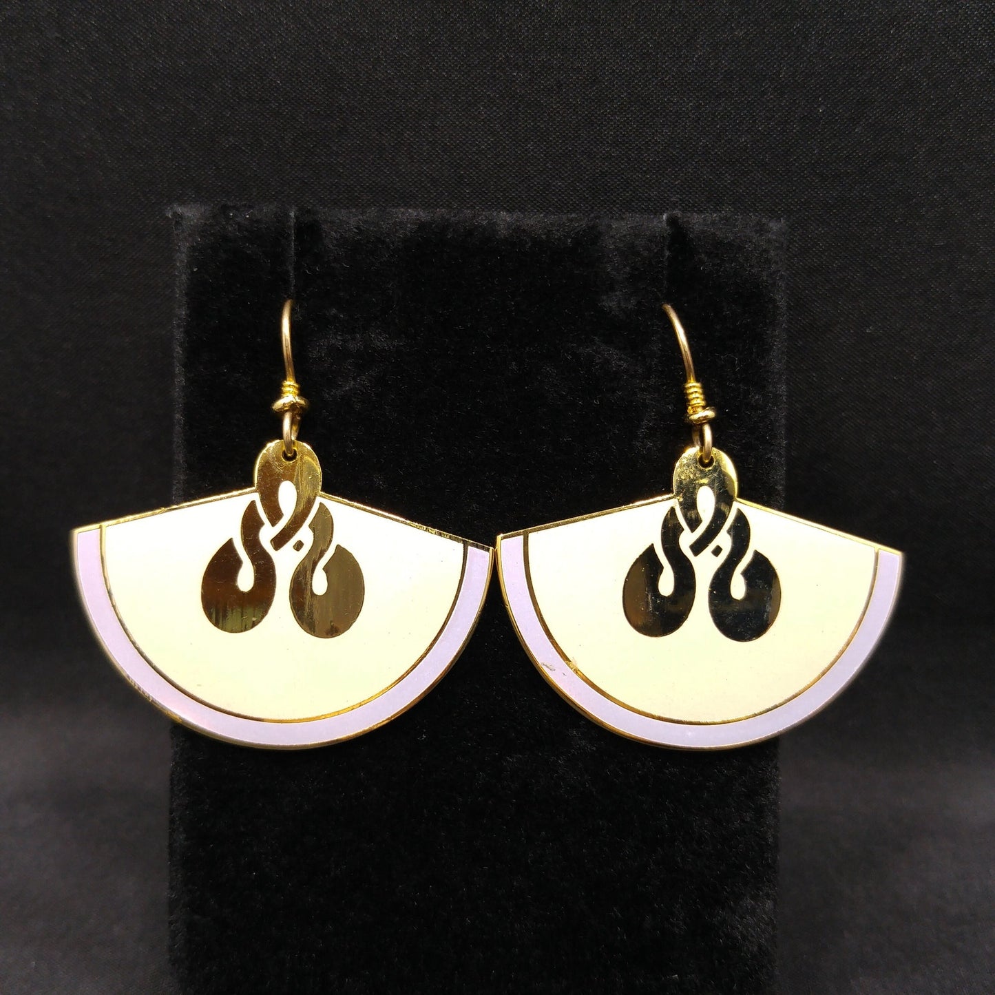 Laurel Burch Large Fan Love Knot Earrings, Gold Plated, Cloisonne Enamel, 1980s