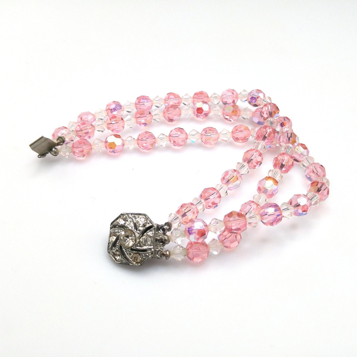 Pink Crystal Beaded Bracelet, Three Strands, Rhinestone Clasp, 1950s Vintage Jewelry