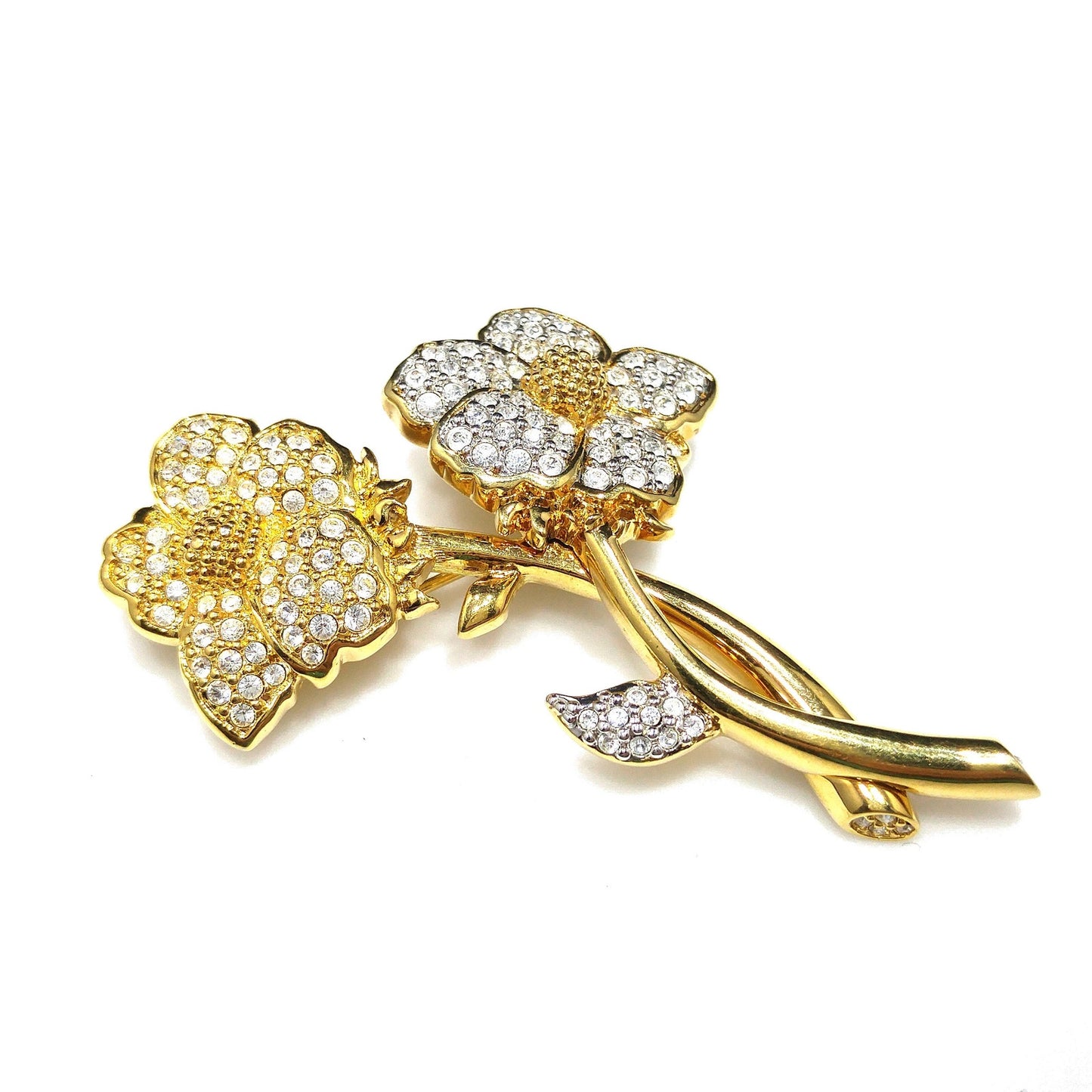 Vintage Swarovski Year 2000 Two Flower Brooch – Gold Plated with Clear Rhinestones