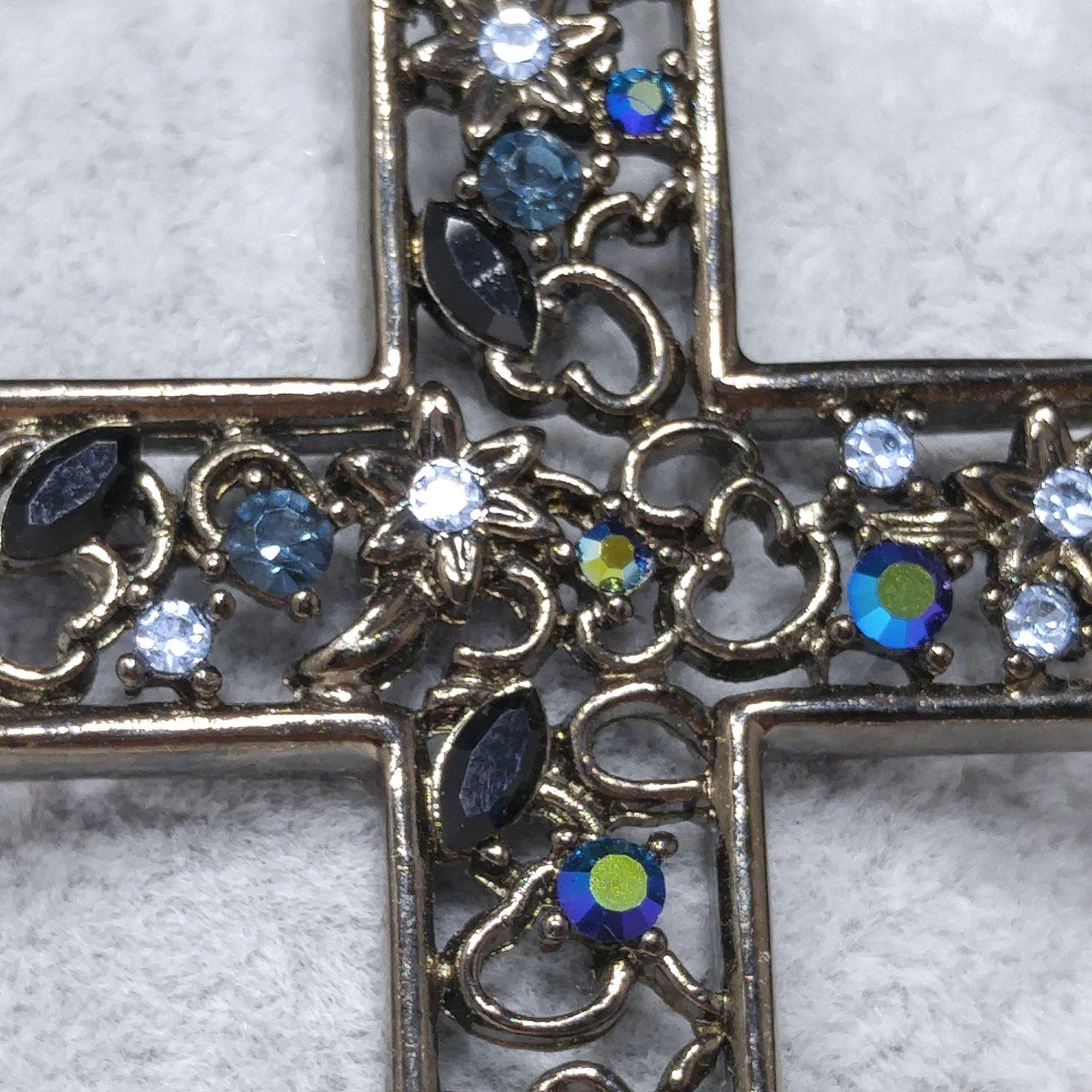 Givenchy Large Cross Brooch, Aurora Borealis Blue Rhinestones, 1990s Vintage Jewelry
