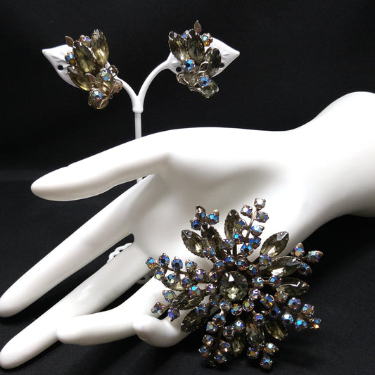 Large Floral Gray Aurora Borealis Brooch & Earrings, Faux Black Diamonds, 1950s Vintage Jewelry