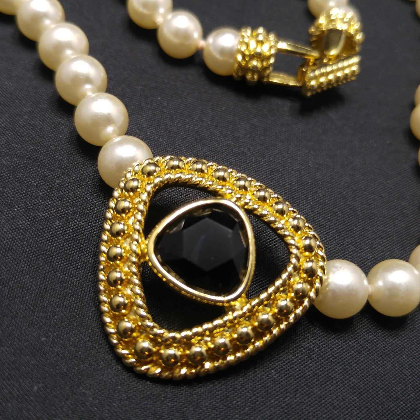 Swarovski Faux Pearl Necklace with Black Crystal Pendant, Gold Plated, 1990s Vintage