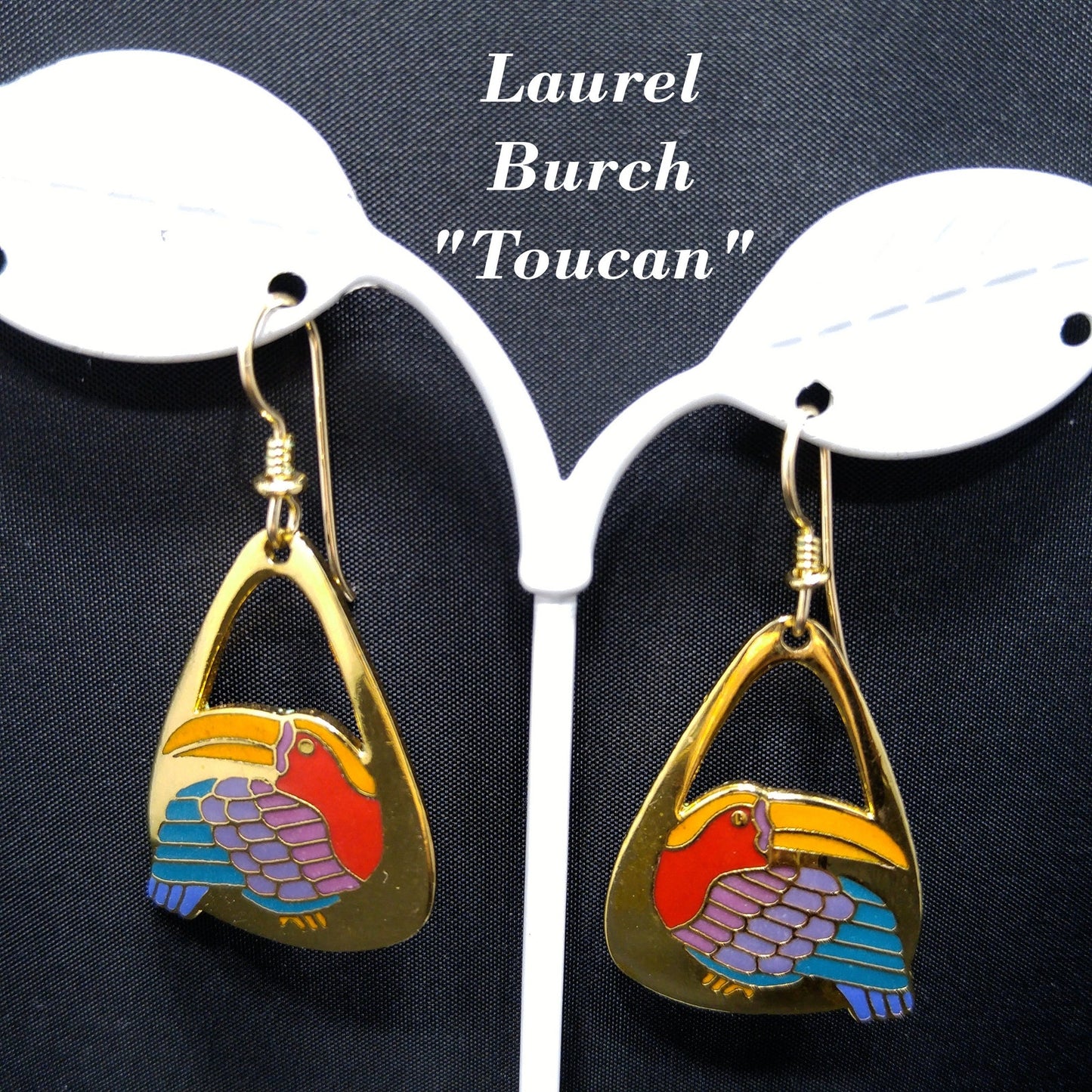 Laurel Burch Toucan Bird Earrings, Gold Plated Cloisonne Enamel, 1980s Vintage Jewelry