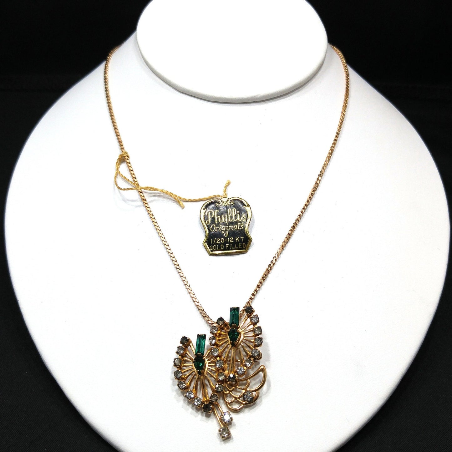 Phyllis Originals Green Rhinestone Pendant Brooch Necklace, Gold Filled, Paper Tag, 1950s Vintage Jewelry