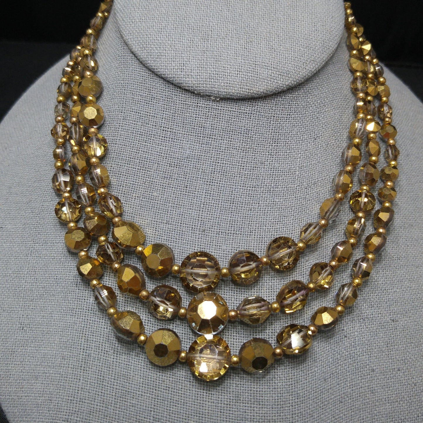Mid-Century Gold Aspirin Crystal Bead Necklace, Three Strands, 1960s Vintage Jewelry