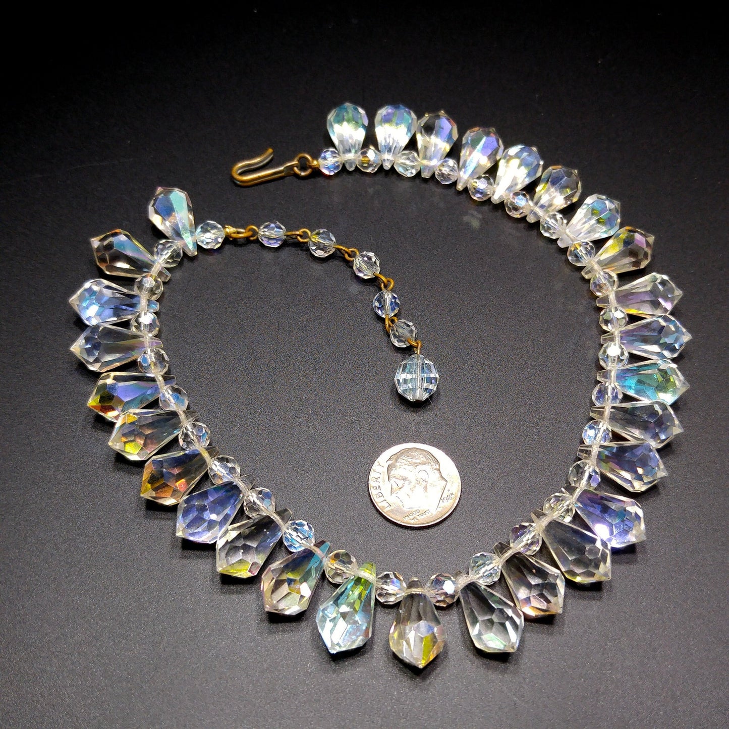 Mid-Century Crystal Teardrop Dangling Necklace, 18mm AB Crystals, 1950s Vintage Jewelry