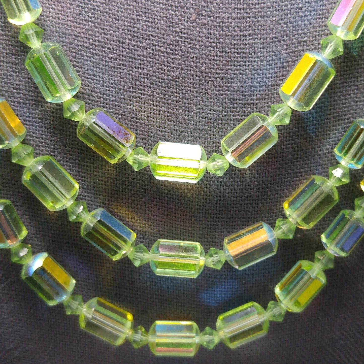 Green AB Barrel Crystal Necklace & Earrings, Austrian Crystal Beads, 1960s Vintage Jewelry