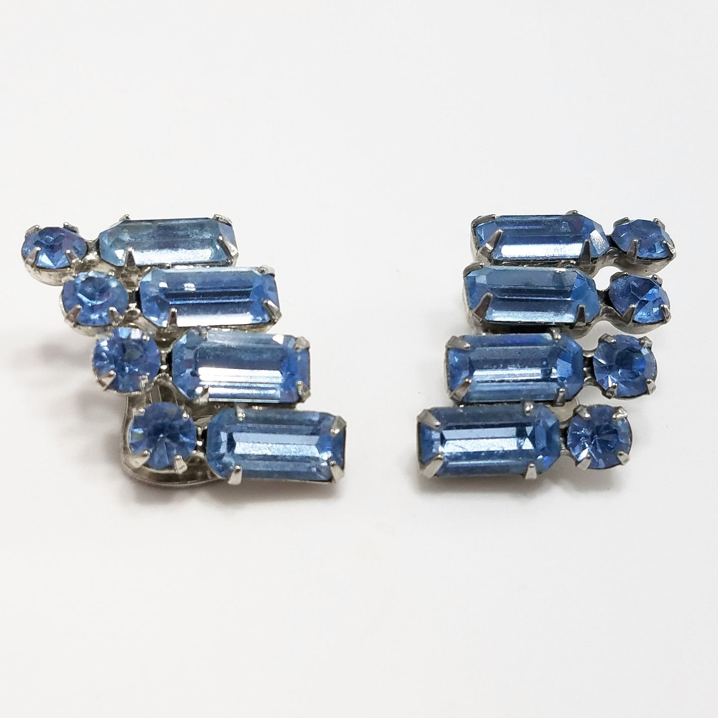 Vintage WEISS Powder Blue Clip Earrings, Silver Tone 1950s Austrian Crystal