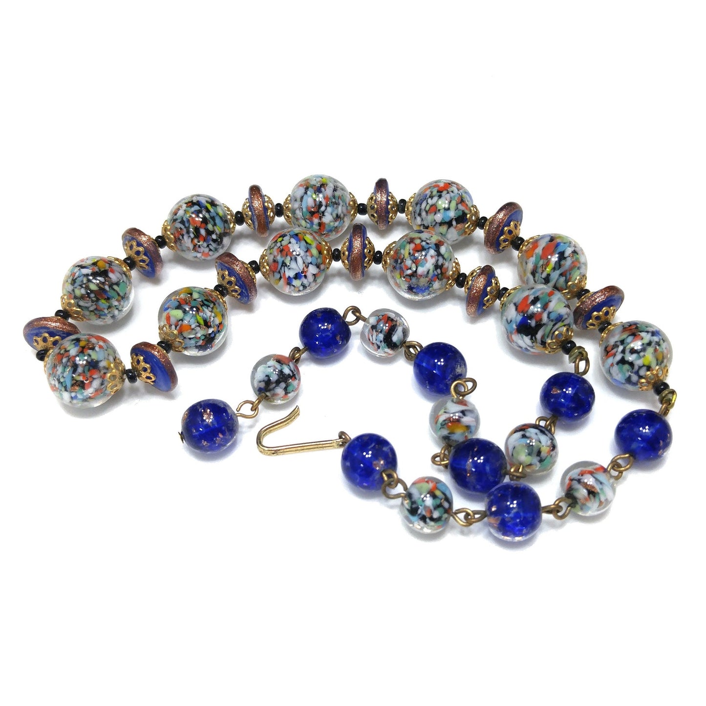 Murano Speckled Glass Beaded Necklace, Cobalt Blue Aventurine Glitter Glass, 1950s Vintage Jewelry