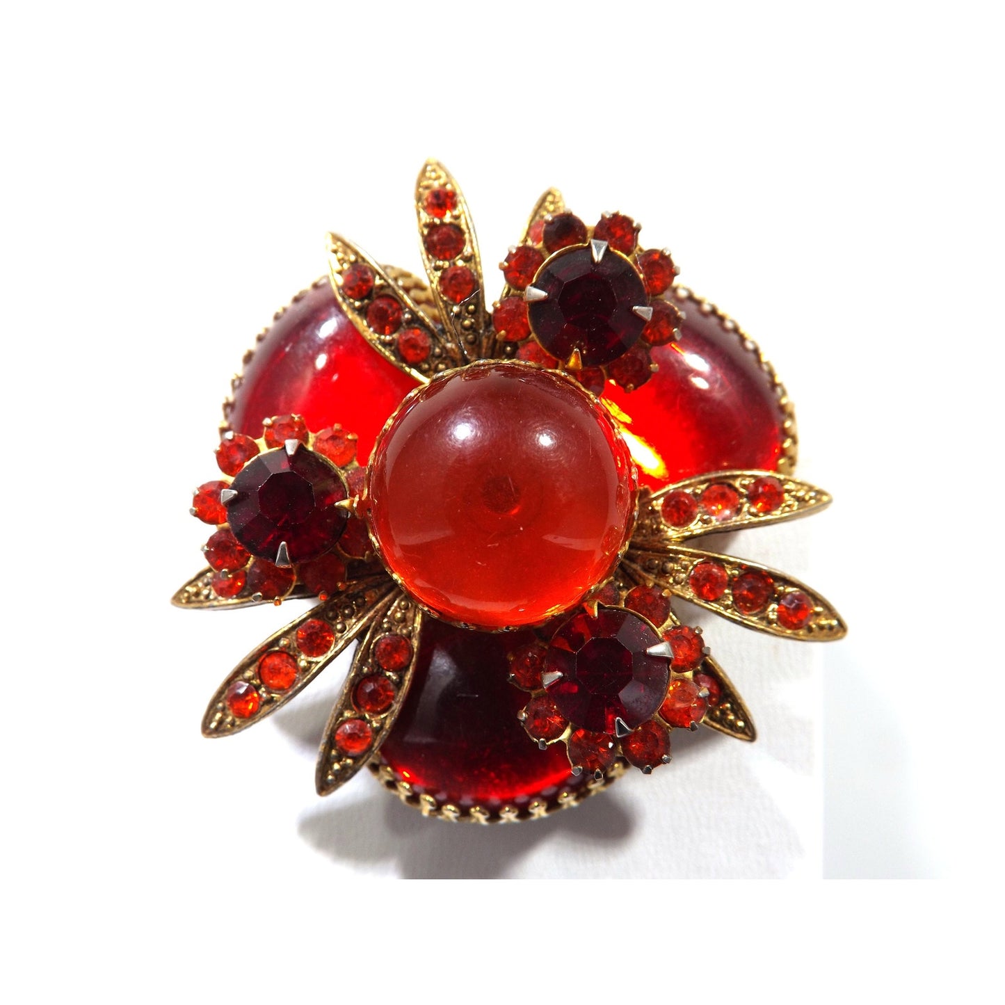 Red Rhinestone Orange Cabs Designer Brooch, Dog Tooth Cabochons, 1960s Vintage Jewelry