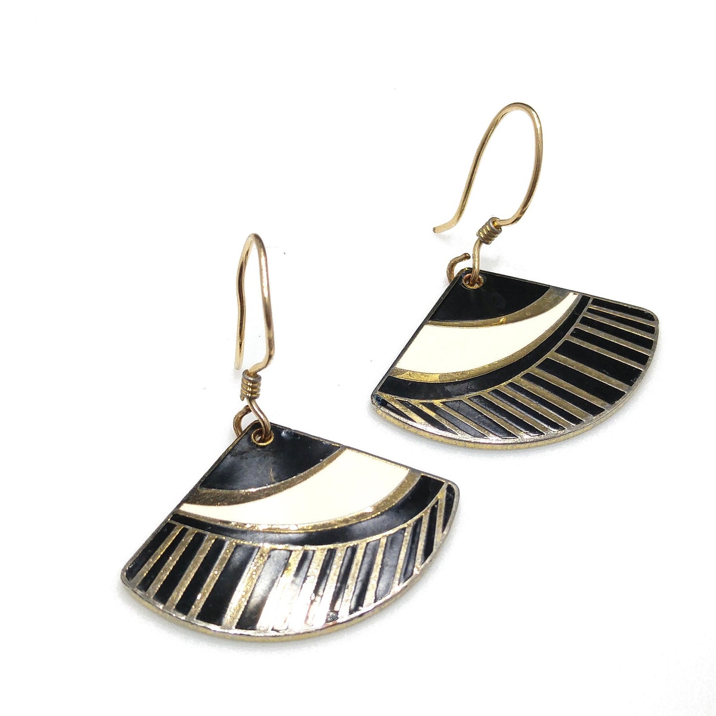 Vintage Laurel Burch Black White Gold Fan Drop Earrings, Gold Plated Enamel