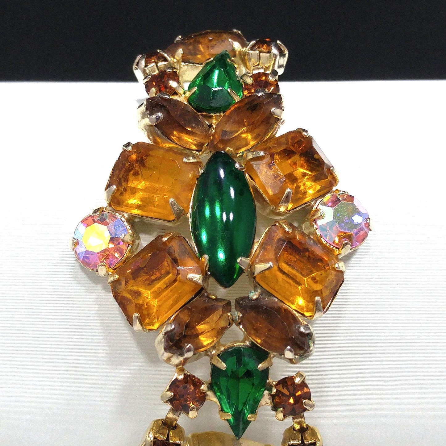 Light Topaz & Green Rhinestone Bracelet, Gold Plated, Aurora Borealis, 1960s Vintage Jewelry