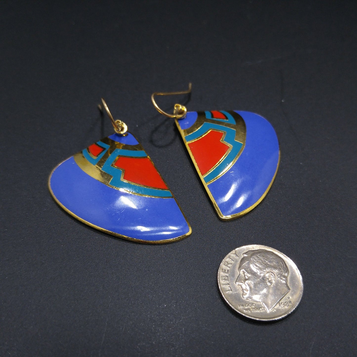 Vintage Laurel Burch Fan Earrings, Blue Red Teal Enamel, Gold Plated