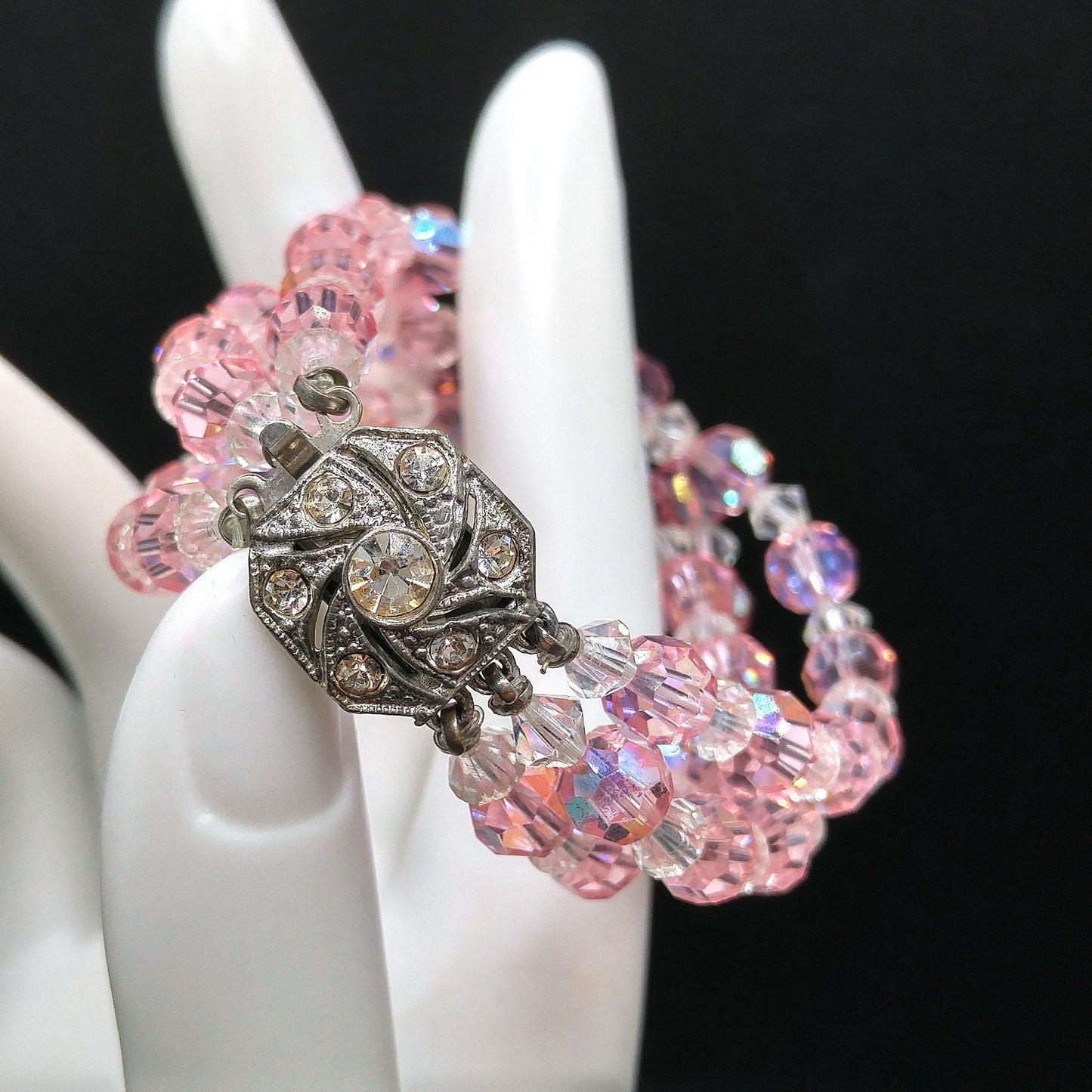 Pink Crystal Beaded Bracelet, Three Strands, Rhinestone Clasp, 1950s Vintage Jewelry