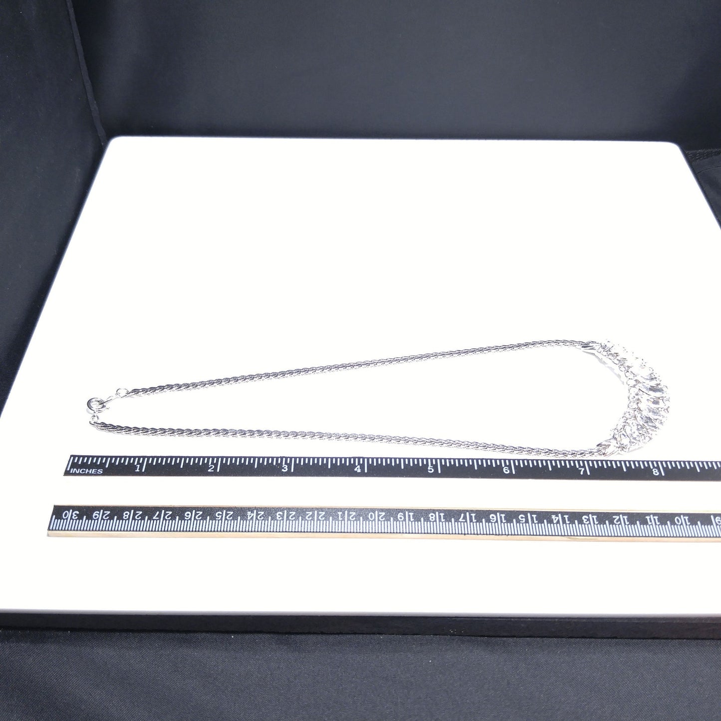 Trifari TM Clear Rhinestone Frontal Necklace, Silver Tone, 1980s Vintage Jewelry