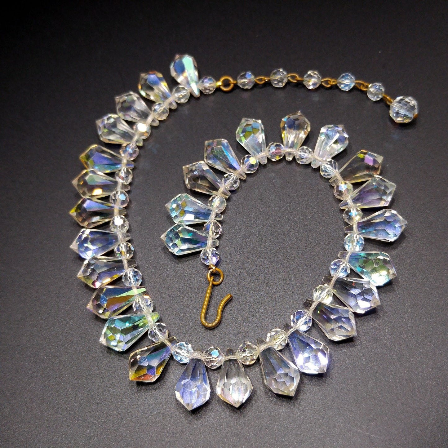 Mid-Century Crystal Teardrop Dangling Necklace, 18mm AB Crystals, 1950s Vintage Jewelry