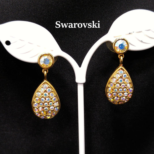 Vintage Swarovski Swan Logo Earrings – Aurora Borealis Crystal Teardrop Dangles