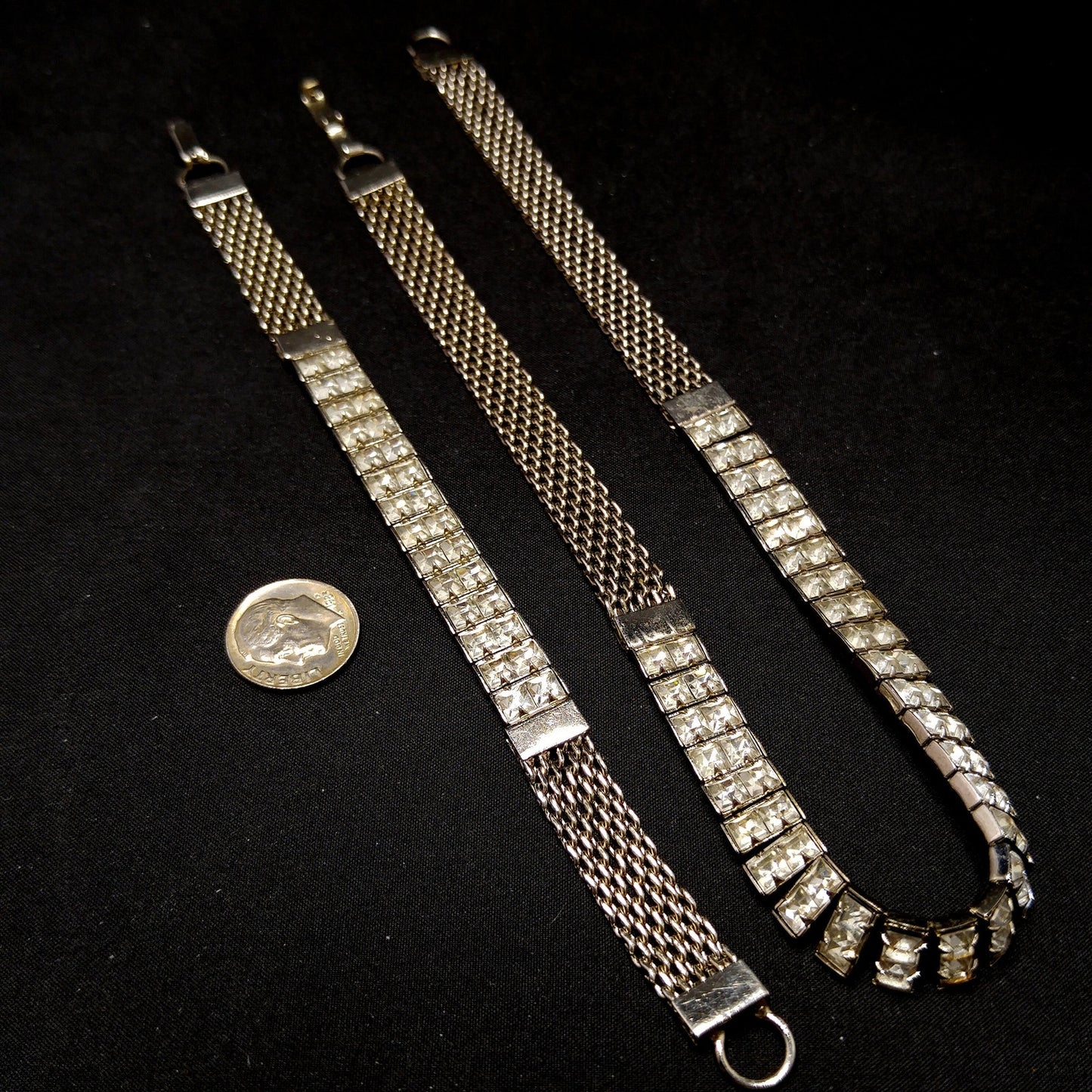 Art Deco Clear Rhinestone Choker Necklace Bracelet Set, Silver Tone Mesh, 1950s Vintage Jewelry