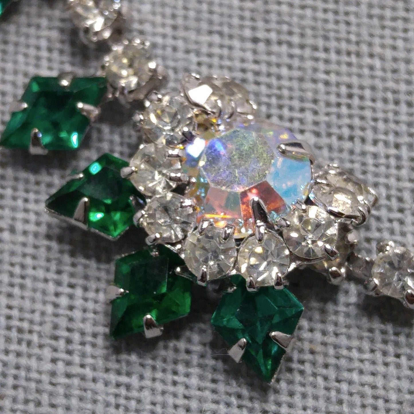 Vintage Green Clear Rhinestone Choker Necklace, Aurora Borealis, Rhodium Plated, 1960s Vintage Jewelry