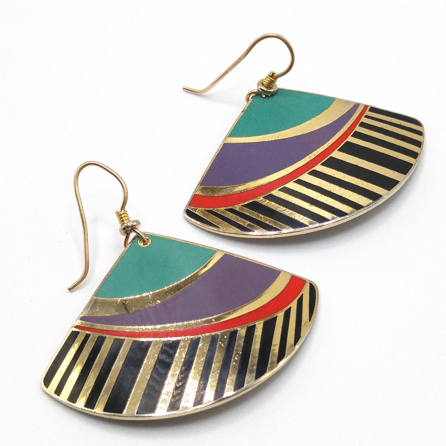 Vintage Laurel Burch Madrid Fan Earrings, Gold Plated, Teal Purple Black Enamel