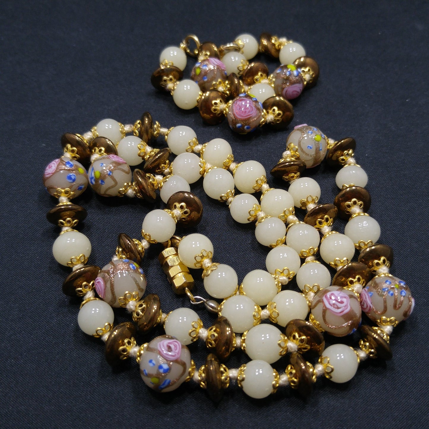 Wedding Cake Venetian Glass Beaded Necklace & Bracelet, Hand Knotted, Murano Lampwork, 1980s Vintage Jewelry