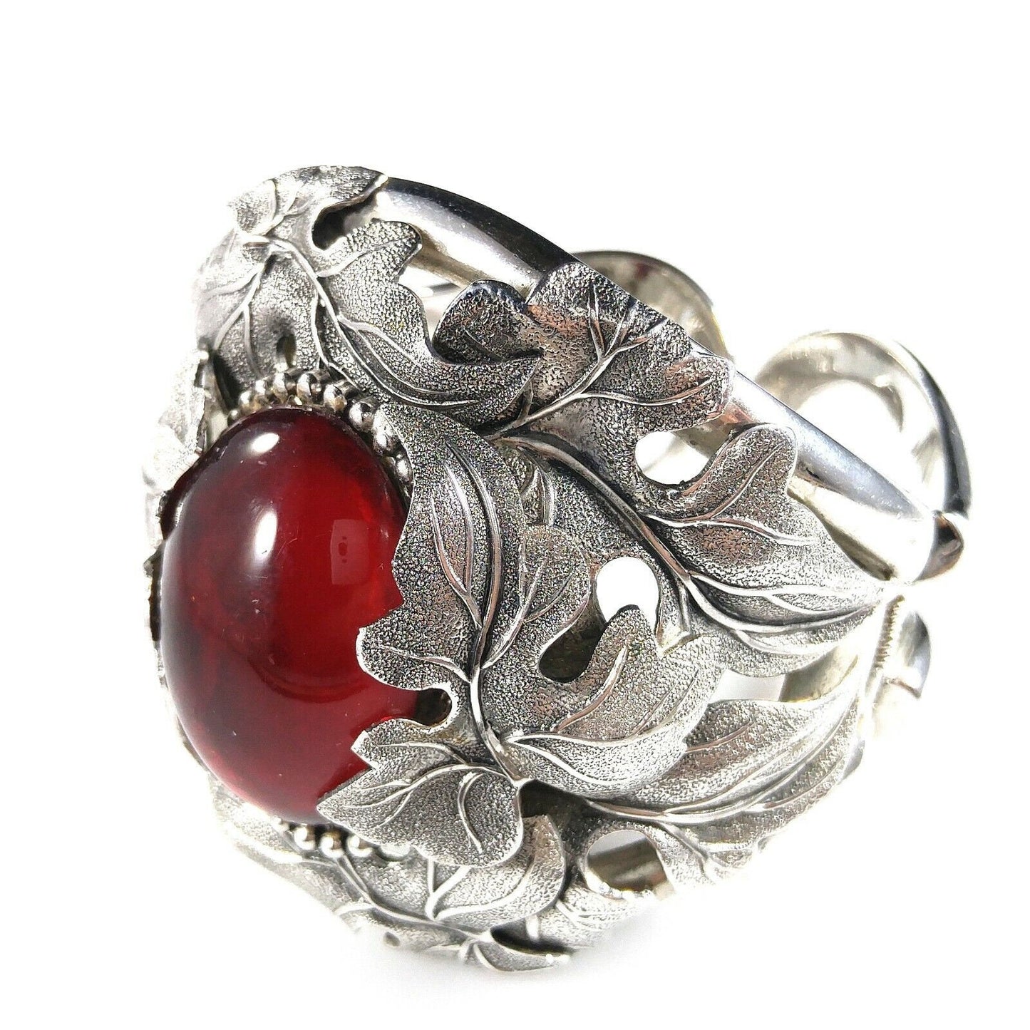 Vintage Whiting & Davis Hinged Cuff Bracelet, Red Glass Cabochon, Rhodium Plated, 1960s Vintage Jewelry