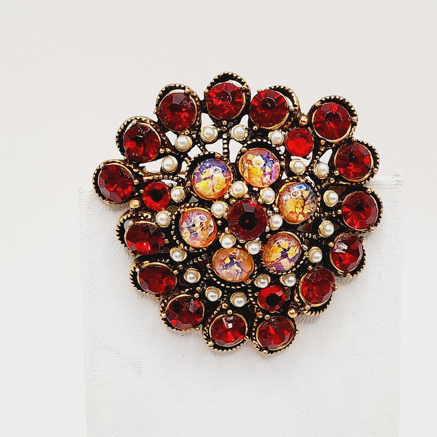 Hollycraft Vintage Red Rhinestone Cabochon Brooch, Faux Pearls, 1950s