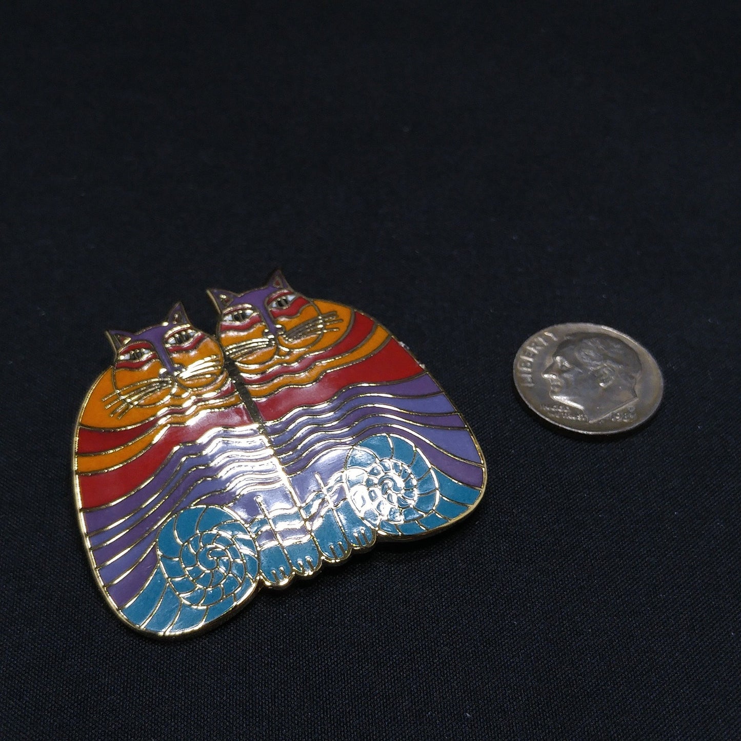 Laurel Burch "Rainbow Cats" Two Cat Brooch, Gold Plated Cloisonne Enamel, 1980s Vintage Jewelry