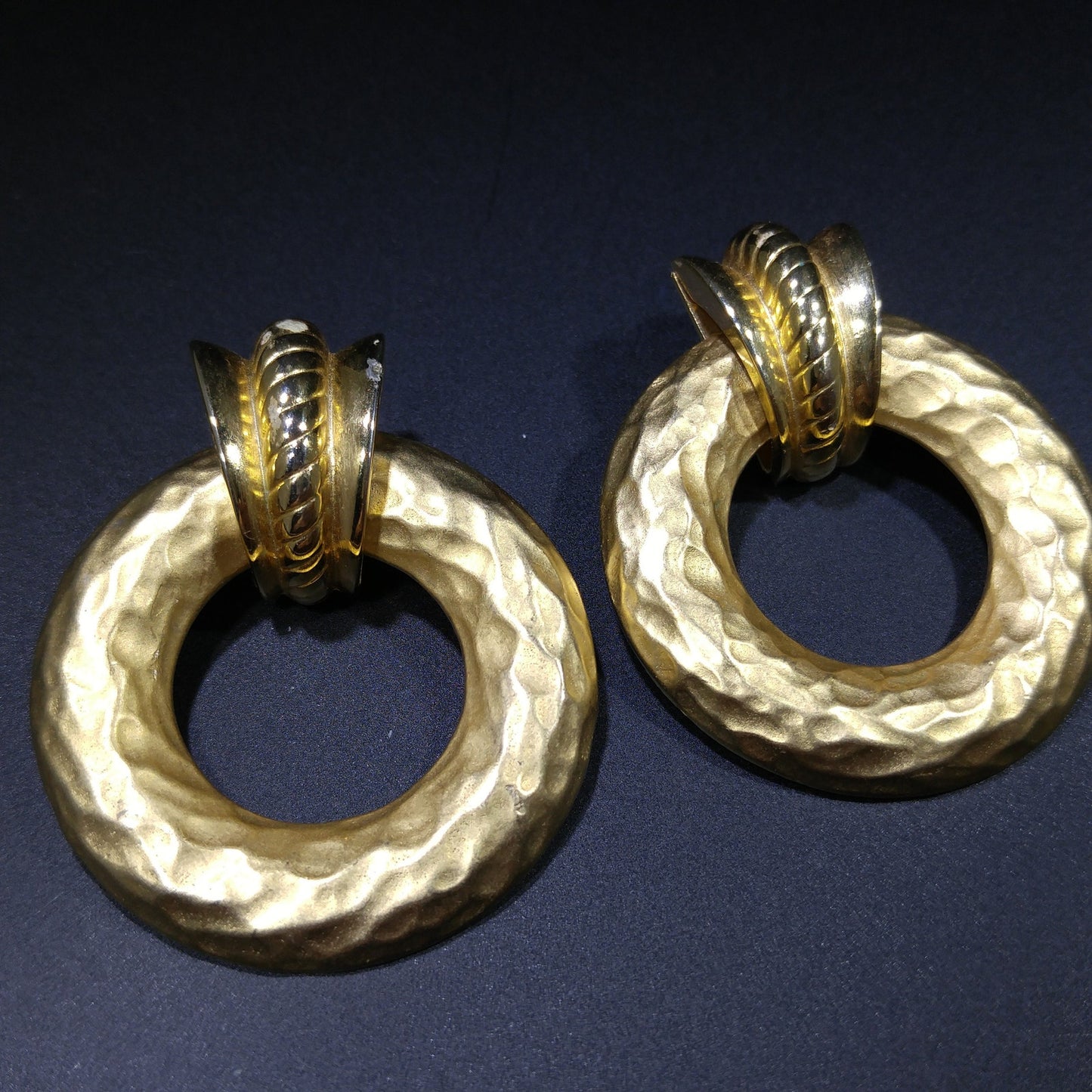 Edwin Pearl Large Runway Post Earrings, Hammered Gold Plate, 1980s Vintage Jewelry
