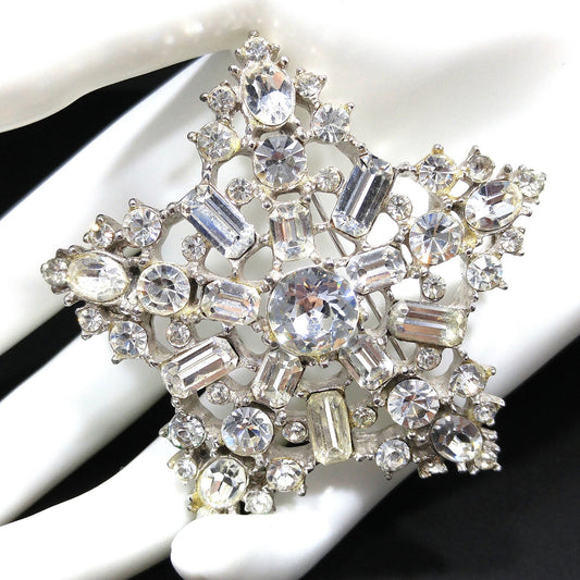 Vintage Clear Rhinestone Five Star Brooch, Heavily Rhodium Plated, 1950s Vintage Jewelry