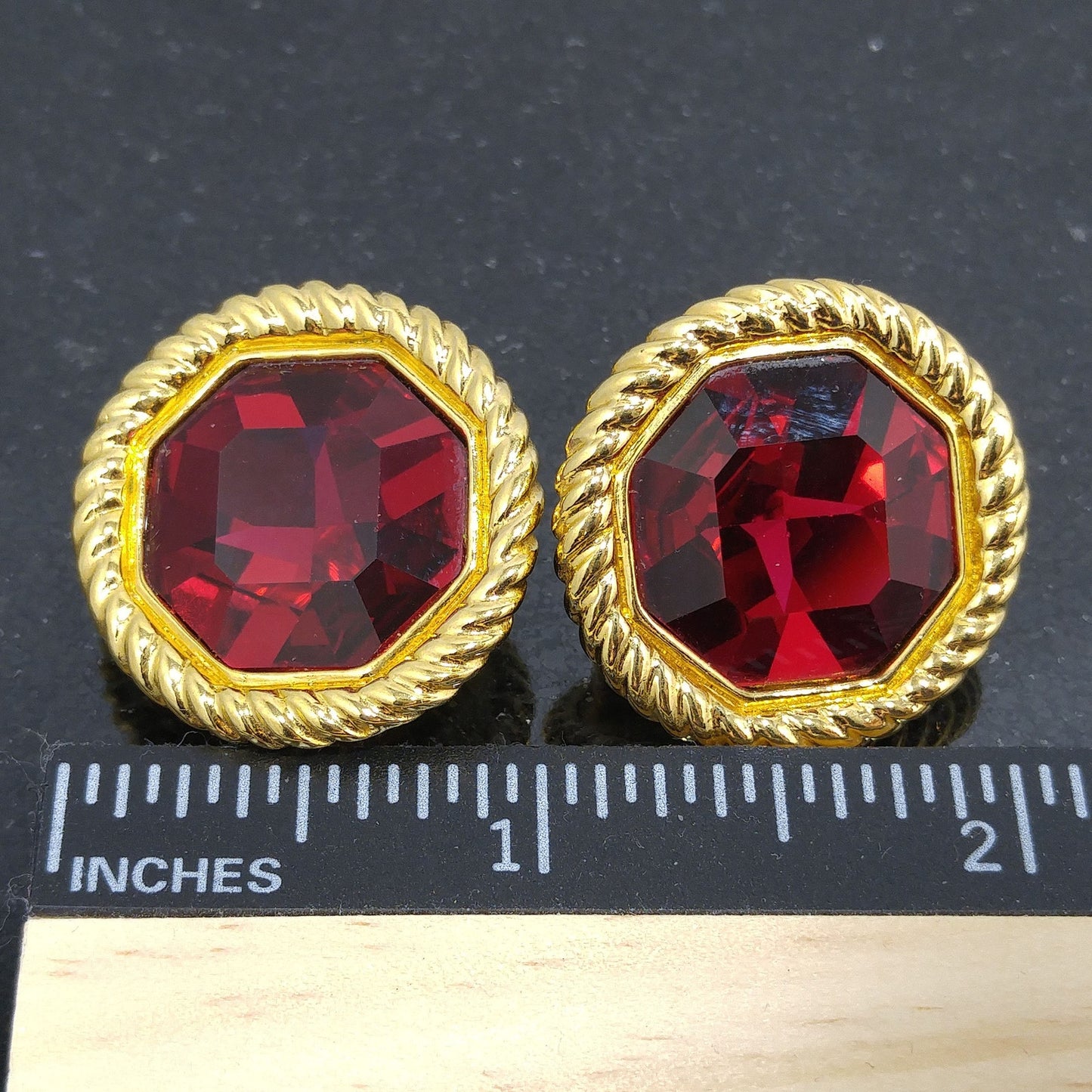Vintage Swarovski Red Crystal Clip Earrings Gold Plated Rope Frame 1990s