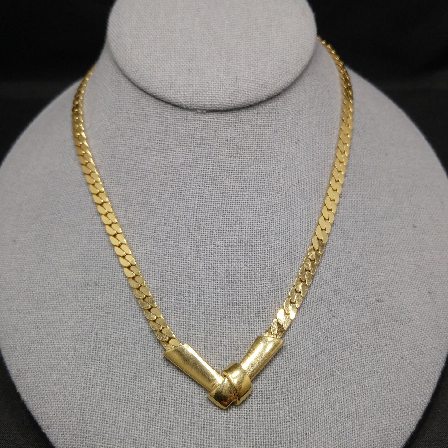 Monet Herringbone Chain Necklace, Gold Plated, V Pendant, 1980s Vintage Jewelry