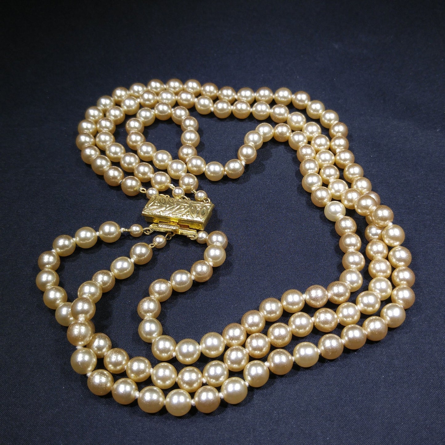 Faux Pearl Champagne Necklace, Three Strands, Glass Pearls, 1960s Vintage Jewelry