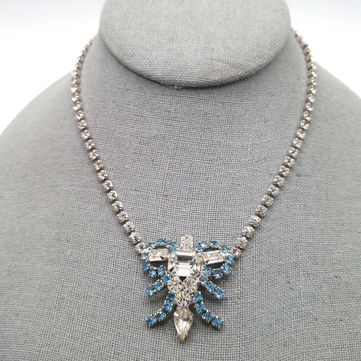Mid-Century Turquoise Blue Clear Rhinestone Choker Necklace, Rhodium Plated, 1960s Vintage Jewelry