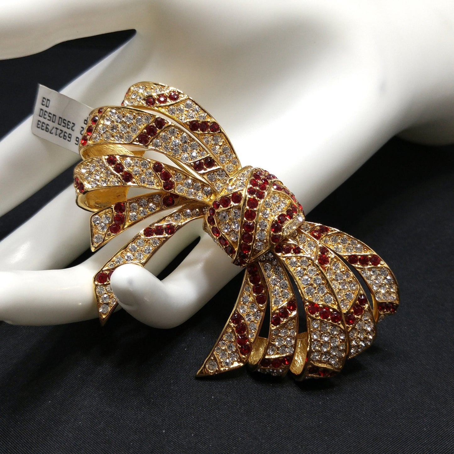 Ciner Red and Clear Rhinestone Bow Brooch – Vintage Gold Plated Large Statement Pin