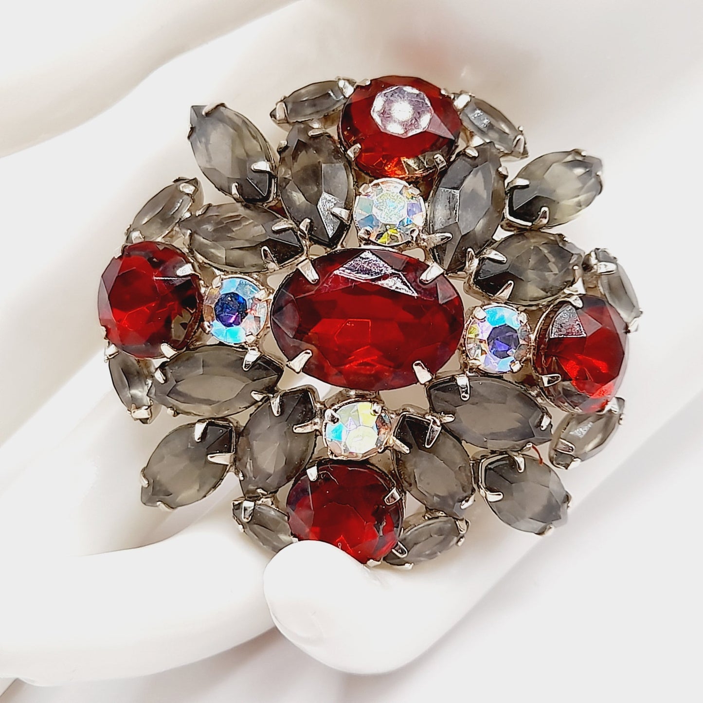 Vintage Rhinestone Brooch, Red Aurora Borealis Pin, Smoky Gray Navettes, 1960s Mid-Century Jewelry