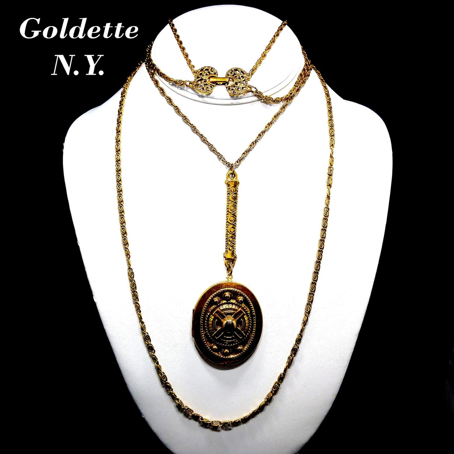 Goldette Large Locket Necklace, Gold Plated, Two Strands, 1950s Vintage Jewelry