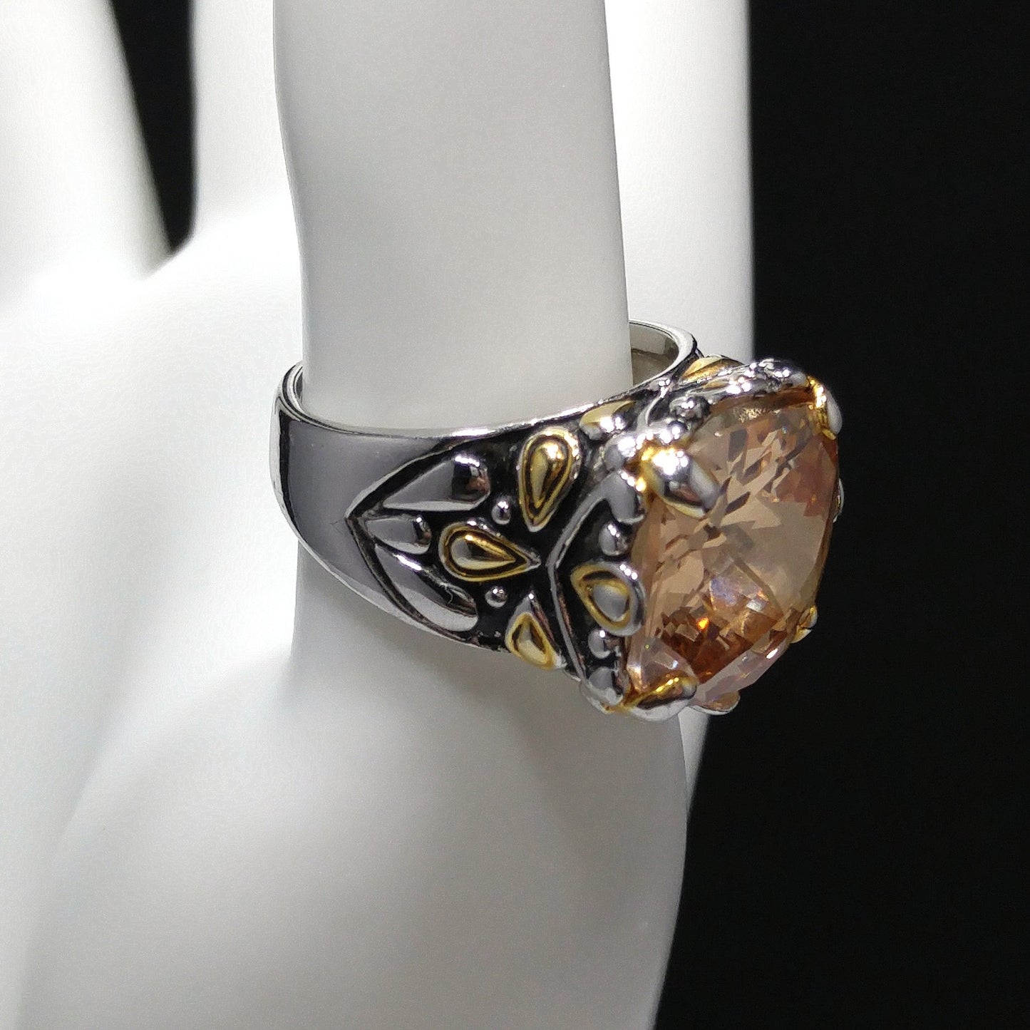 Champagne Gemstone Ring, 18KGE, Vintage Statement Jewelry, Size 8